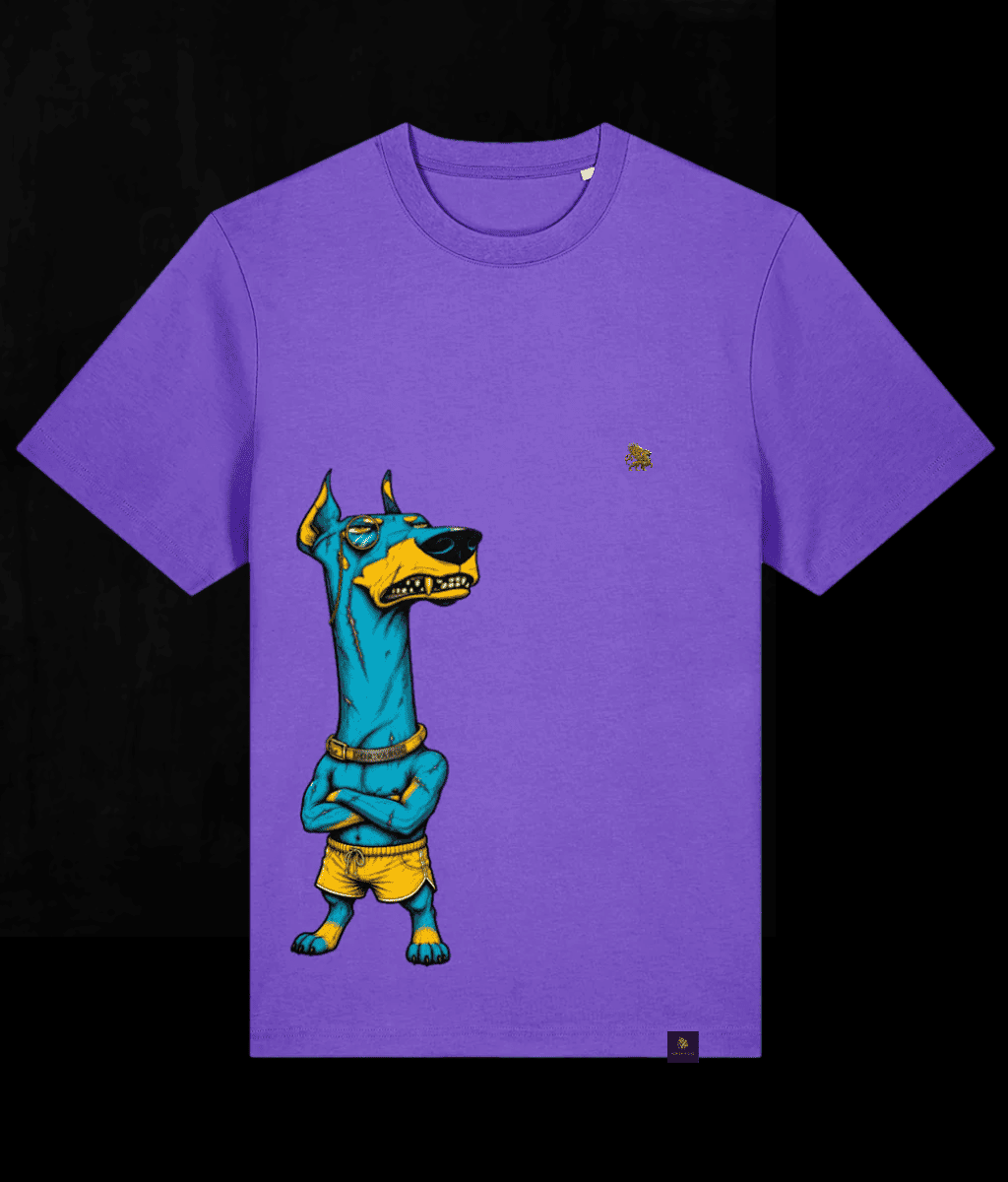A purple short-sleeve crewneck t-shirt featuring a graphic print of a cartoon Anubis dog wearing yellow shorts and a gold collar, set against a solid black background.