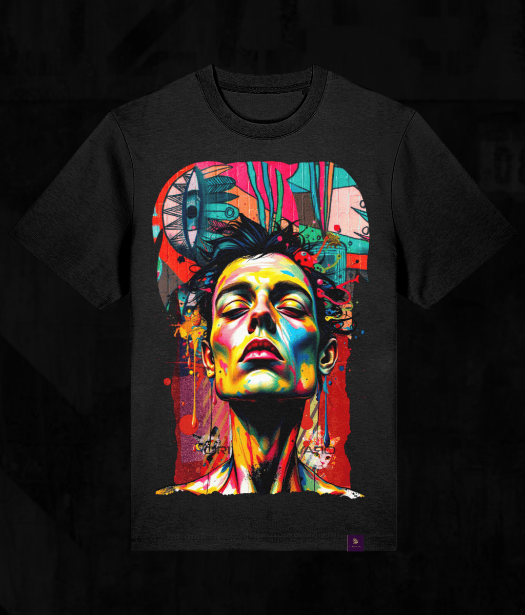 A black short-sleeve t-shirt with a large, vibrant pop-art graphic of a face on the front, set against a dark background.