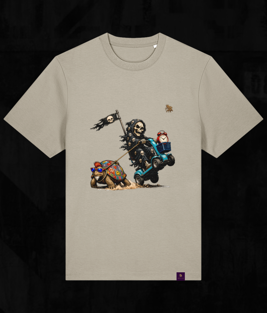 A light beige crewneck t-shirt featuring a graphic print of a skeleton riding a blue cart with a small red character, set against a dark background.