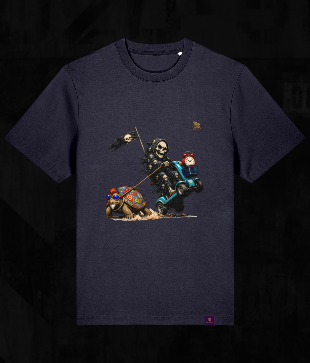A dark navy blue short-sleeve t-shirt with a detailed graphic print on the front showing a skeleton warrior riding a blue cart, with a small red character in a hat and a skull on a flag. The shirt is displayed against a dark, textured background.