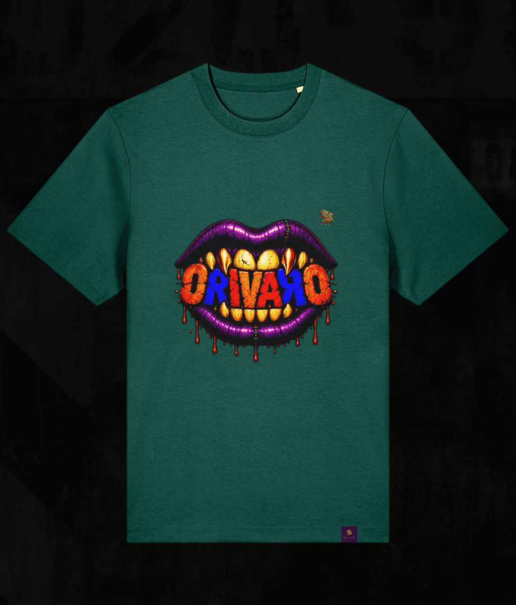 A dark green crewneck t-shirt featuring a colourful graphic of dripping purple lips with yellow teeth and the word 'ORIVARO' written across them in red and orange, set against a dark background.