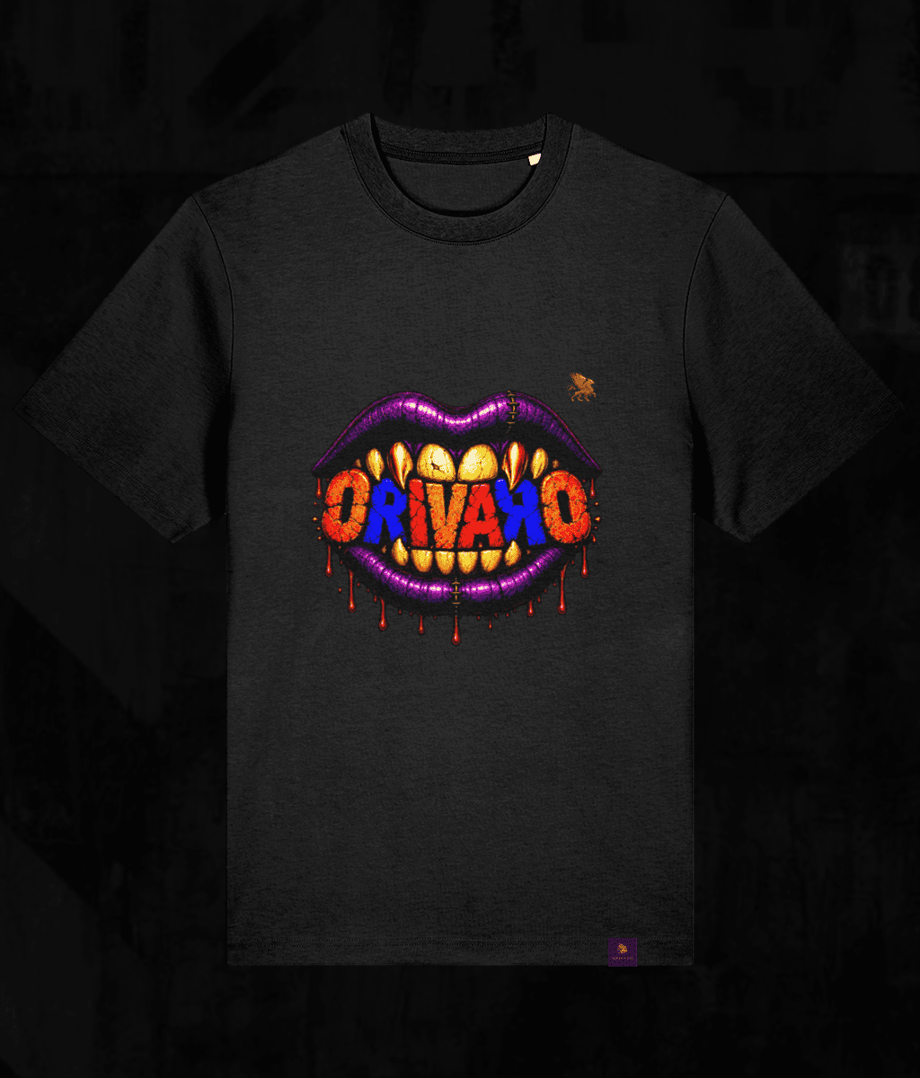 A black short-sleeve t-shirt featuring a colourful graphic of dripping purple lips with yellow teeth and the word 'ORIVARO' written across them in red, orange, and yellow letters.