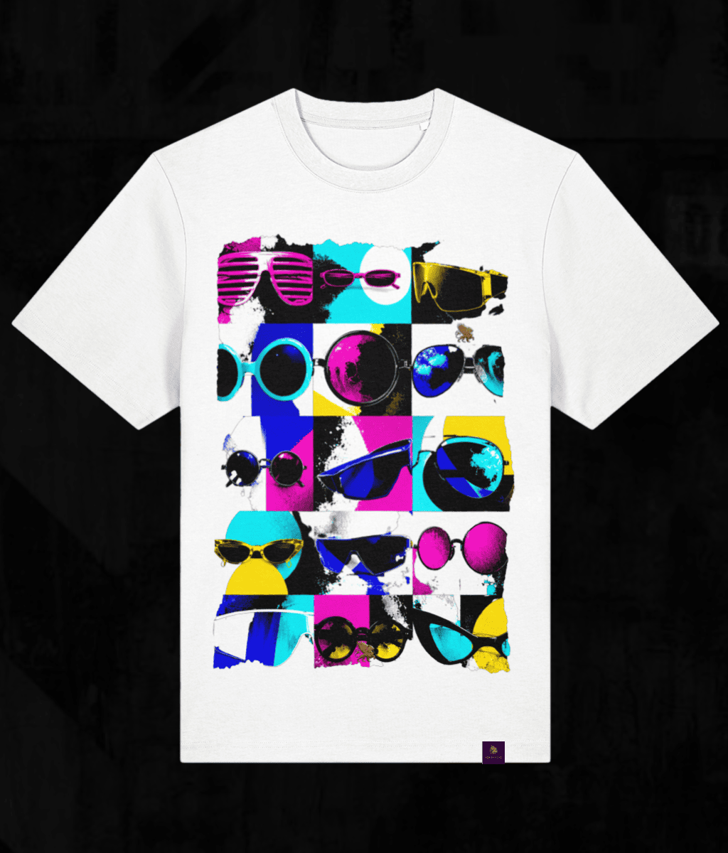 A white short-sleeve crewneck t-shirt featuring a colourful graphic print of various sunglasses arranged in a grid pattern. The graphic contains vibrant colours like pink, blue, yellow, and black.