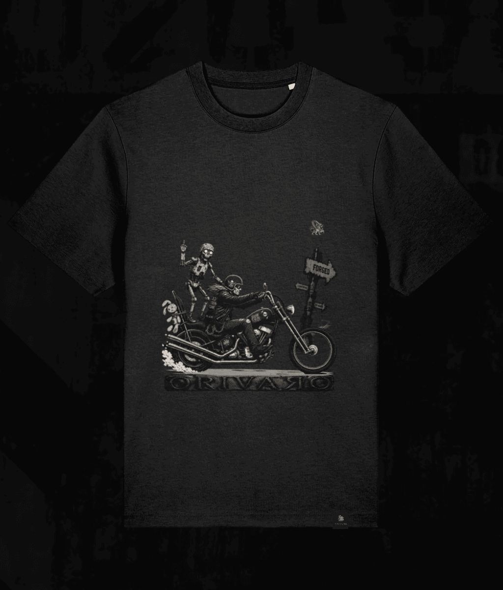 A dark charcoal grey t-shirt featuring a detailed black and white graphic print of a skeleton robot riding a chopper motorcycle with the word 'ORIVARO' printed below, displayed against a dark background.