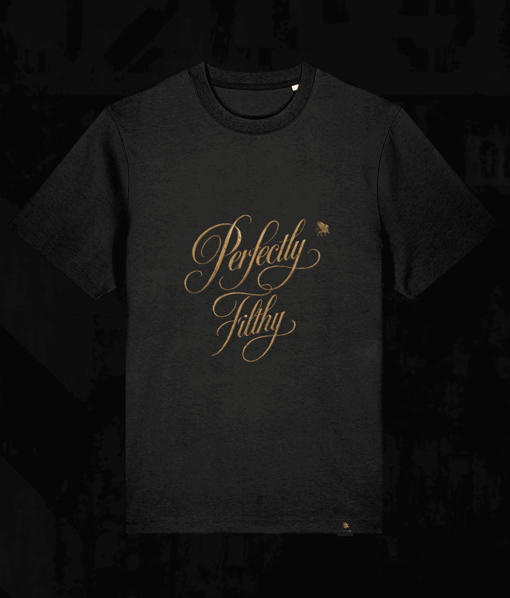 A black short-sleeve crewneck t-shirt featuring the words 'Perfectly Filthy' in a metallic gold cursive script across the chest, displayed against a dark, textured background.