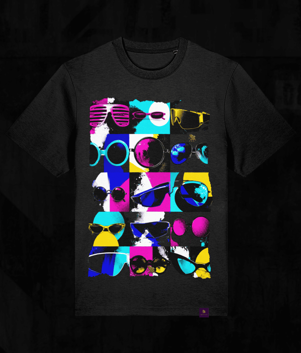 A black short-sleeve crewneck t-shirt featuring a vibrant graphic print of various colourful sunglasses arranged in a grid pattern. The print contains bright pink, cyan, yellow, and purple elements on a black background.