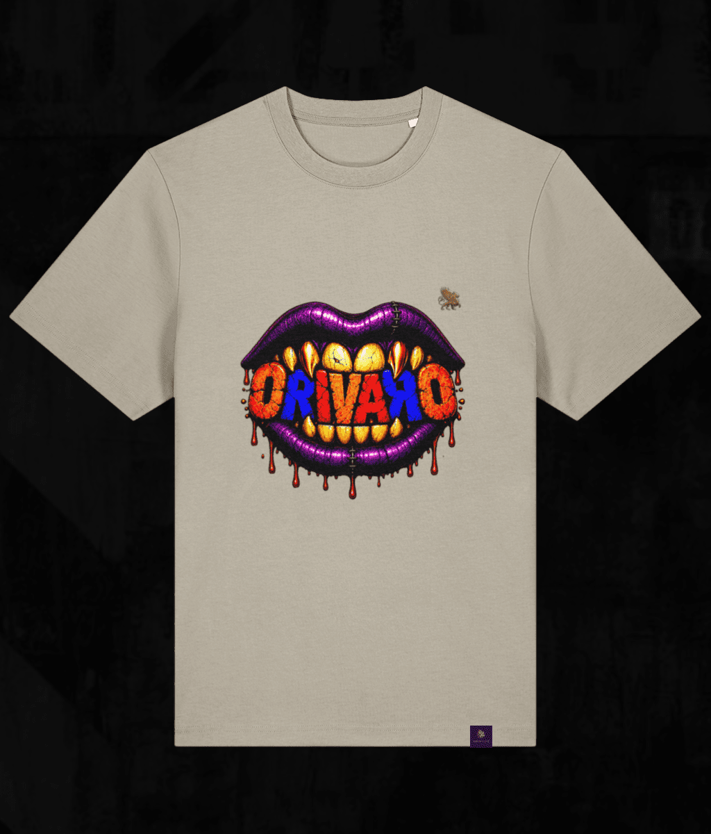 A light beige crewneck t-shirt featuring a prominent graphic of dripping purple lips with sharp teeth, containing the word 'ORIVARO' in colourful letters, displayed against a dark textured background.