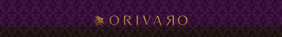 A close-up decorative brand banner with the brand name ORIVARO in gold lettering over a dark purple patterned background.