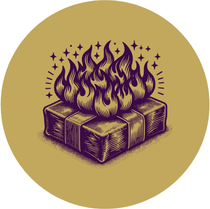 A circular graphic illustration featuring a dark purple line art design of a wrapped box with flames rising from it, set against a solid mustard gold background.
