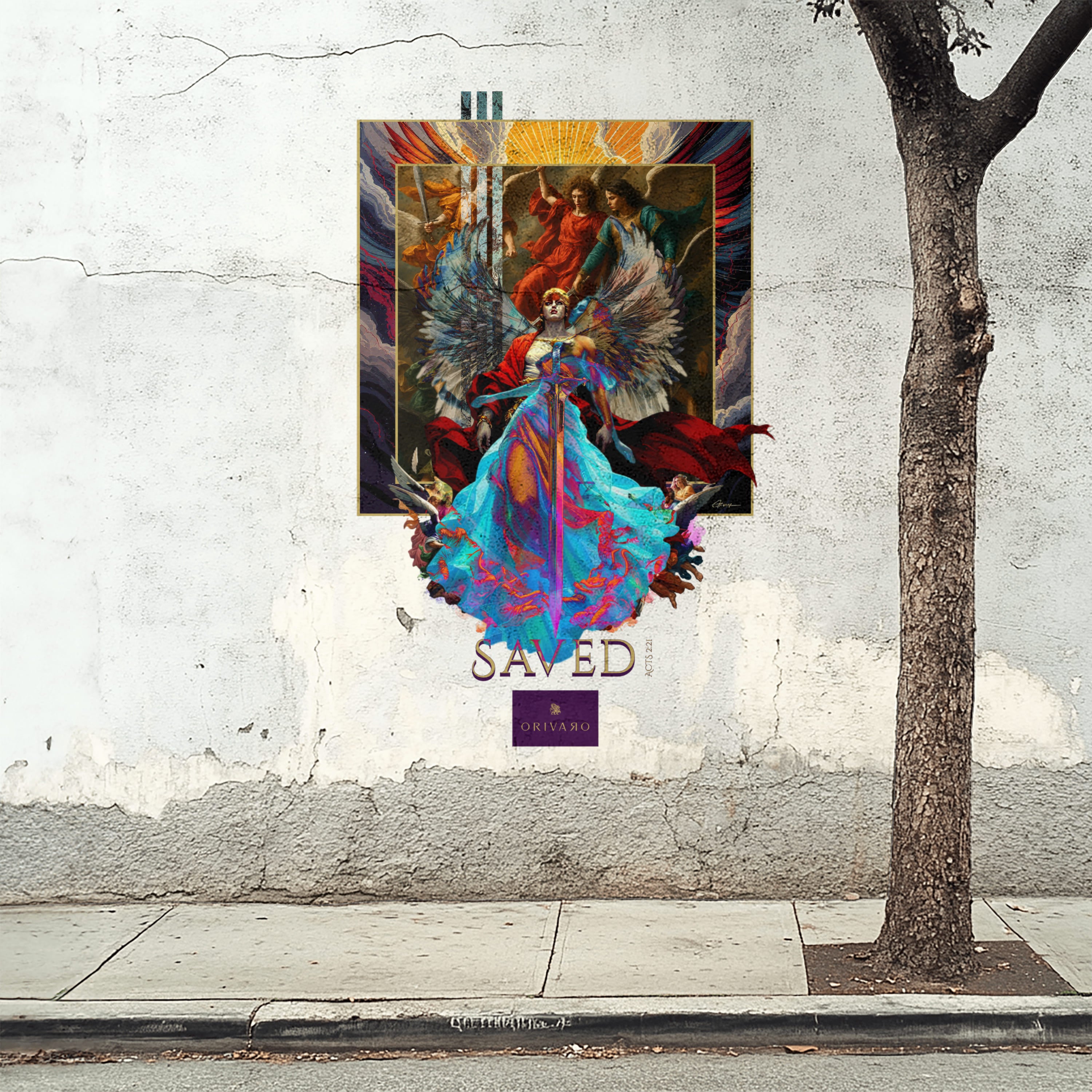 Colorful poster of a woman in a dress with 'SAVED' text on a gray wall.