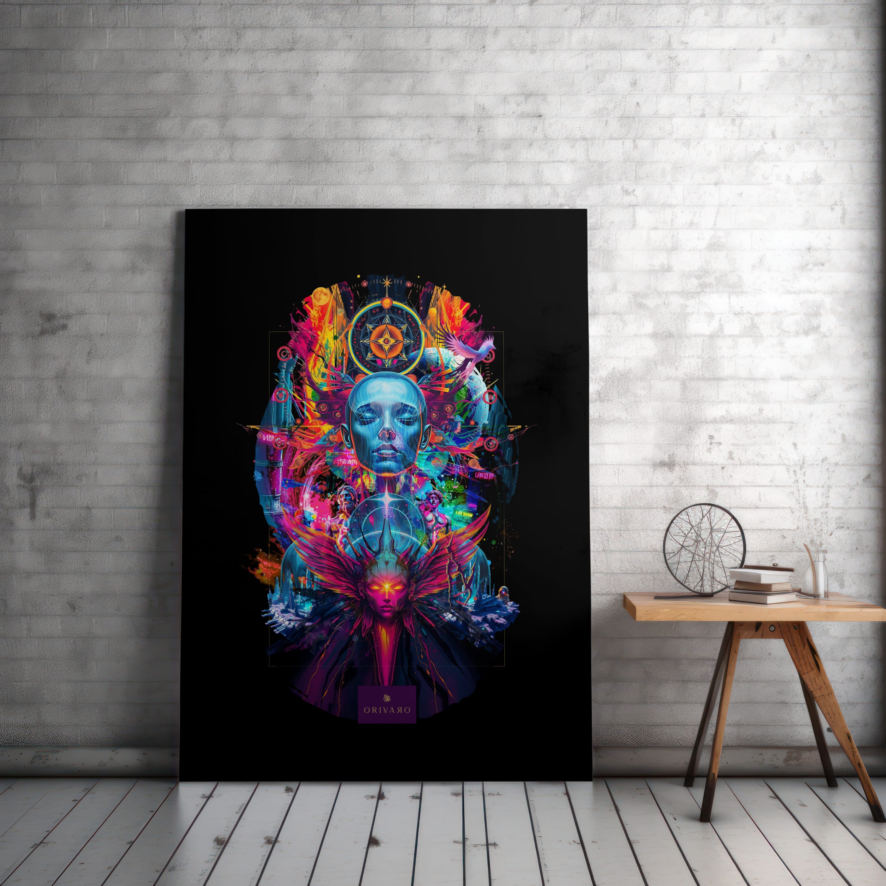 Colorful abstract art piece on a black background in a room with a wooden table and white brick wall.