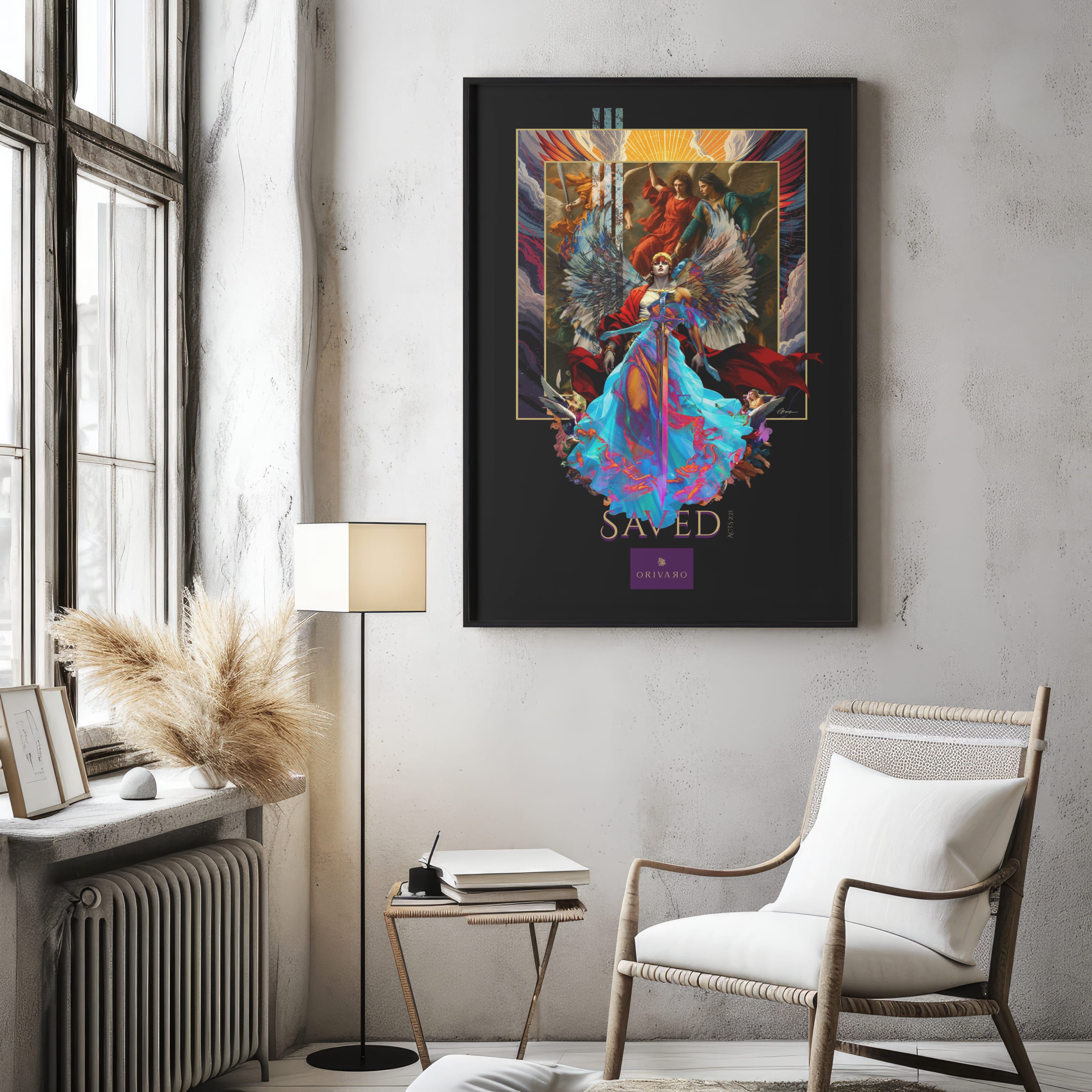 Framed artwork titled 'SAVED!' in a modern living room setting.