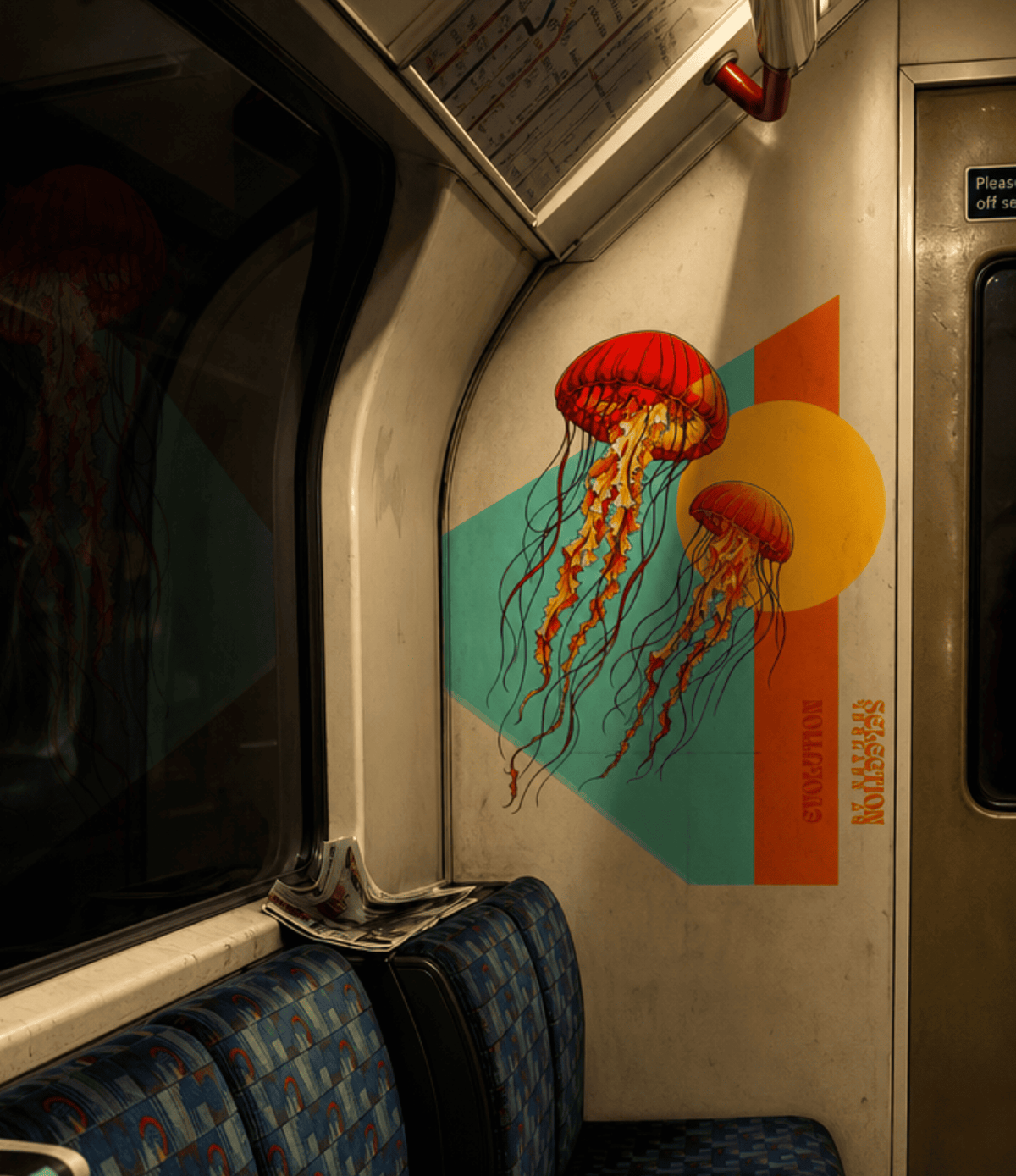 A retro-style jellyfish wall decal applied to the interior wall of a subway train car, featuring two red and orange jellyfish against a teal and orange geometric background.