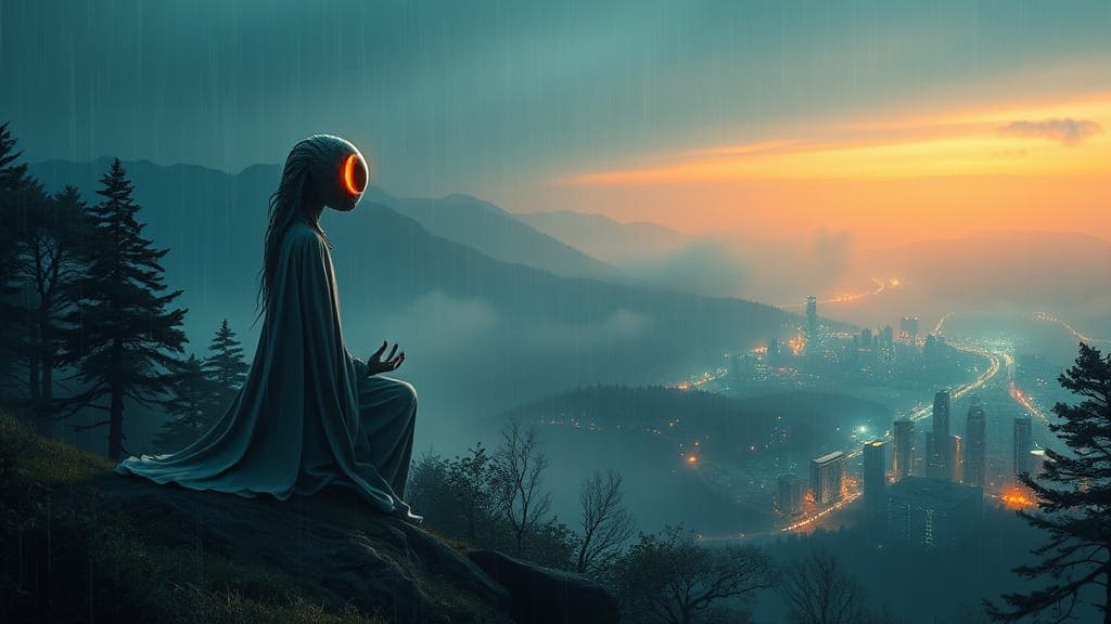 Person in a hooded cloak sitting on a cliff overlooking a cityscape at sunset.
