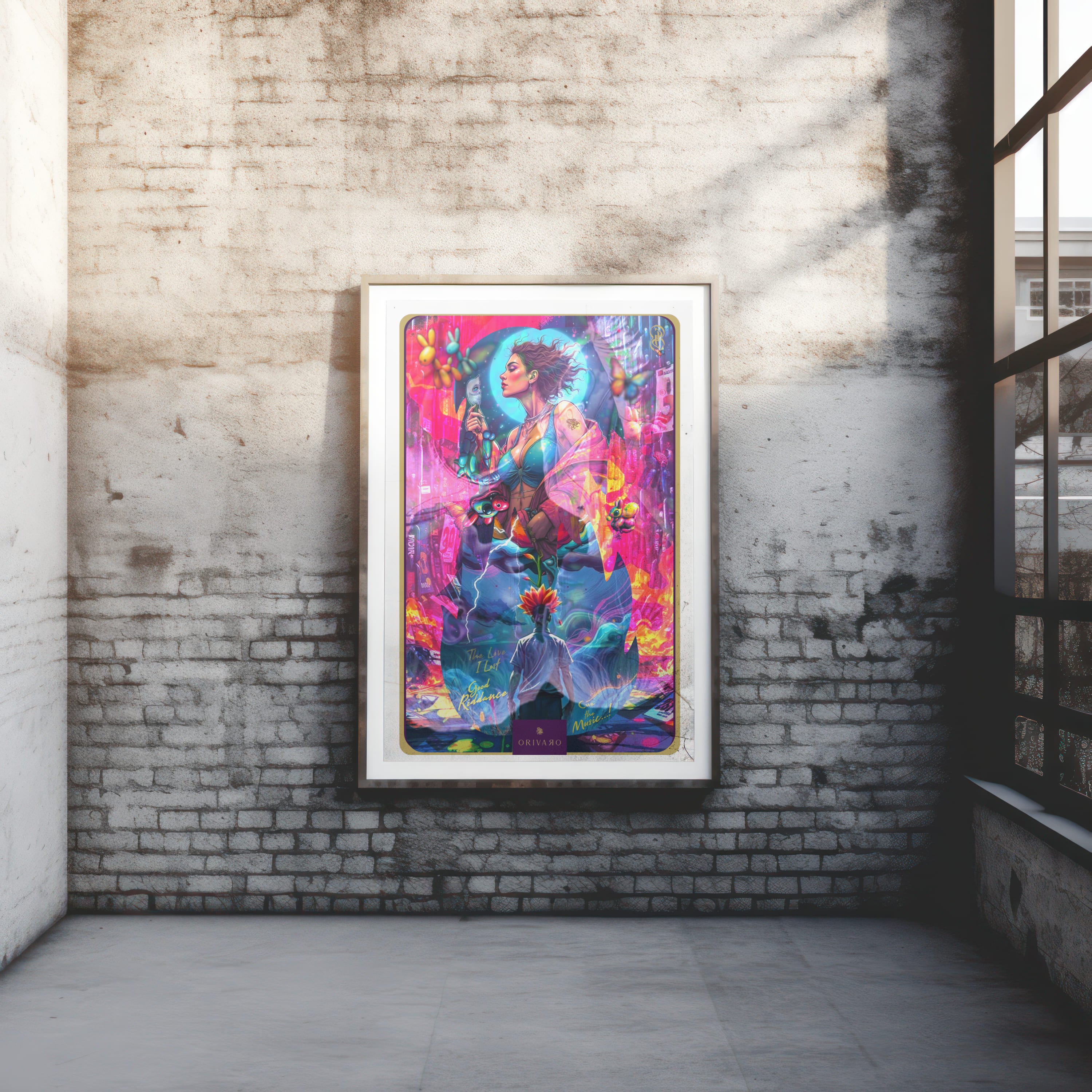 Colorful abstract painting of a woman with flowers on a brick wall.