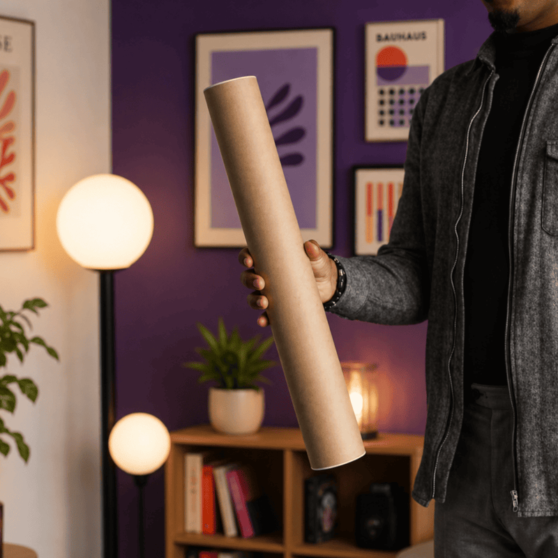 A person in a grey zip-up jacket holds a large rolled piece of kraft paper or poster board in a modern room with a purple wall, framed art, a floor lamp, and a bookshelf.