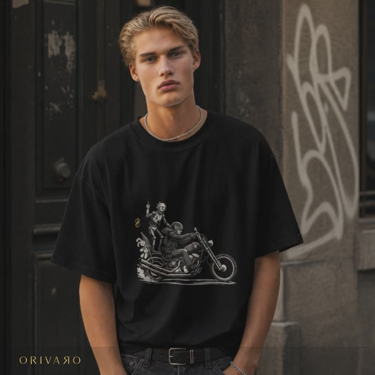 A young man wearing a Orivaro Bike tee